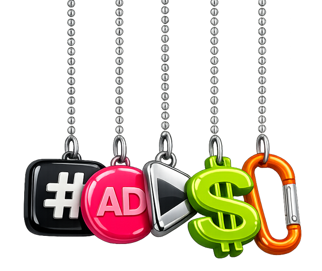 Keychain charms on ball chains: a hashtag tile, a pink AD disc, a chrome play button, a green dollar sign and an orange carabiner